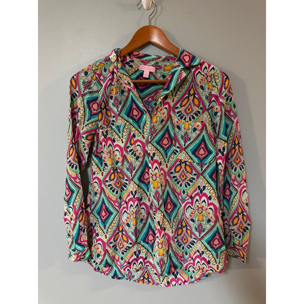 Lilly Pulitzer Blouse Womens Small Multicolor Geometric Print Button Front Top